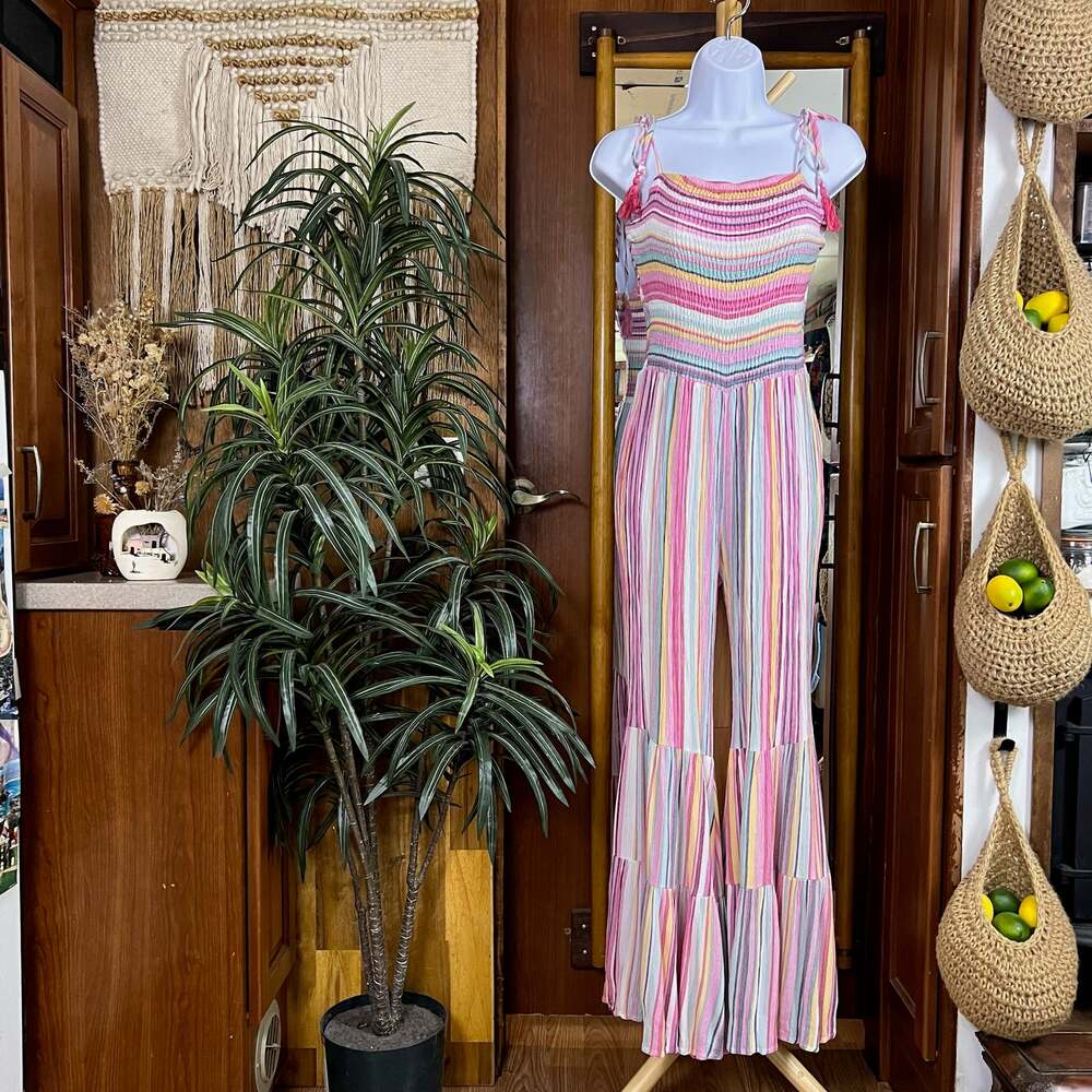 Y2K Bell Bottom Jumpsuit Womens L Striped Smocked Tassel Festival Flare Pants